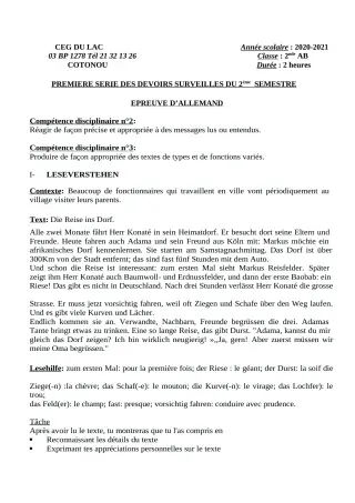 Première page de Allemand 2nde A, 2nde B — 1er devoir surveillé, 2e semestre (2020-2021) · CEG du Lac