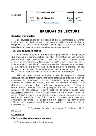 Première page de Français 4e, 4e ML — Devoir surveillé, 2e semestre (2018-2019) · CEG2 ABOMEY - CALAVI (CEG ZOCA)