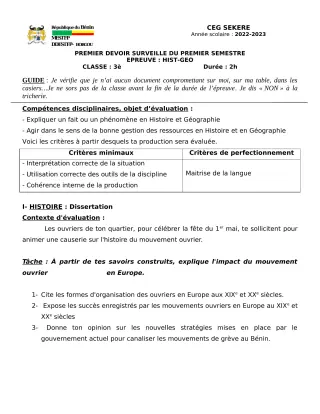 Première page de Histoire-Géographie 3e — 1er devoir surveillé, 1er semestre (2022-2023) · CEG SEKERE