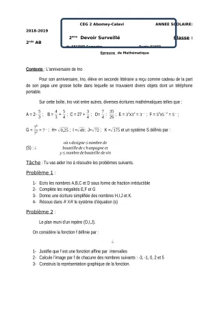 Première page de Mathématiques 2nde A, 2nde B — 2e devoir surveillé, 2e semestre (2018-2019) · CEG2 ABOMEY - CALAVI (CEG ZOCA)