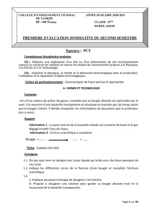 Première page de PCT 6e, 5e, 4e, 3e, 3e ML, 2nde A2, 2nde B, 2nde C, 2nde D, 1ère A2, 1ère B, 1ère C, 1ère D, Tle A1, Tle A2, Tle B, Tle C, Tle D — 1re évaluation sommative, 2e semestre (2020-2021) · CEG Tankpè