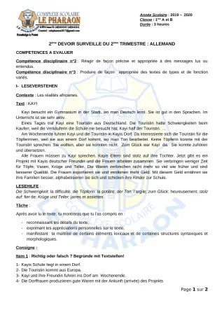 Première page de Allemand 1ère A, 1ère B — 2e devoir surveillé, 2e trimestre (2019-2020) · CPEG LE PHARAON