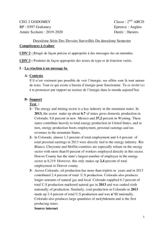 Première page de Anglais 2nde A2, 2nde B, 2nde C, 2nde D, 2nde EFS — 2e devoir surveillé, 2e semestre (2019-2020) · CEG2 Godomey