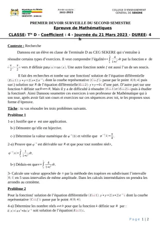 Première page de Mathématiques Tle D — 1er devoir surveillé, 2e semestre (2022-2023) · CEG SEKERE