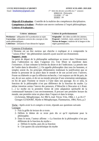 Première page de Philosophie 2nde B, 2nde D, 1ère B, 1ère D, Tle B — Devoir surveillé, 1er semestre (2019-2020) · Lycée Houegbadja d'Abomey (Ex Mafory Bangoura)