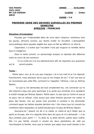 Première page de Français 2nde A2, 2nde B, 2nde C, 2nde D — 1er devoir surveillé, 1er semestre (2021-2022) · CEG PAHOU