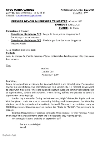 Première page de Anglais 5e — 1er devoir surveillé, 1er trimestre (2022-2023) · CPEG MARIA-CAROLE