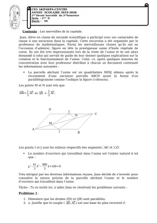 Première page de Mathématiques 1ère A1 — 2e devoir surveillé (2019-2020) · CEG 1 Akpakpa-Centre