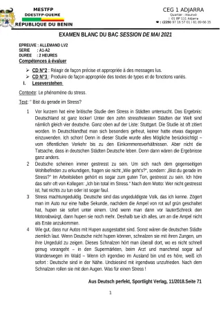 Première page de Examen Blanc de ALLEMAND — Tle A & B, Tle A1, Tle A2 — CEG1 Adjarra (2020)