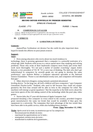 Première page de Anglais 1ère D — 2e devoir surveillé, 1er semestre (2021-2022) · CEG SEKERE