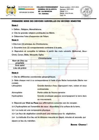 Première page de Histoire-Géographie 6e, 5e, 4e, 2nde A, 2nde A1, 2nde A2, 2nde B, 2nde D, 1ère A, 1ère A1, 1ère A2, 1ère B, 1ère D — 1er devoir surveillé, 2e semestre (2023-2024) · CEG ZA-KPOTA