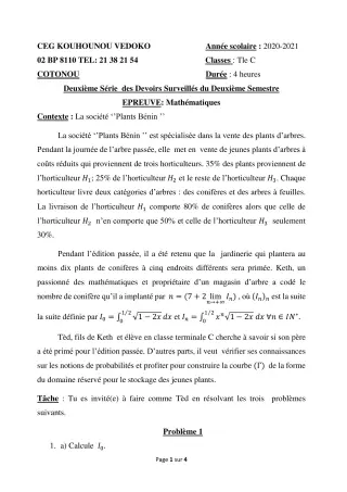 Première page de Mathématiques Tle C — 2e devoir surveillé, 2e semestre (2020-2021) · CEG Kouhounou-Vêdoko