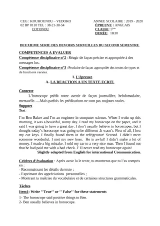 Première page de Anglais 5e — 2e devoir surveillé, 2e semestre (2019-2020) · CEG Kouhounou-Vêdoko