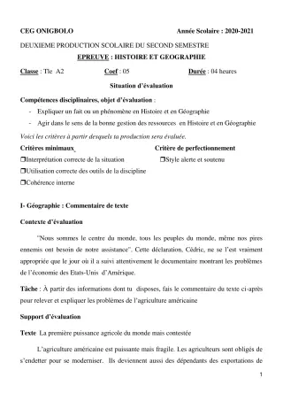 Première page de Histoire-Géographie Tle A2 — 2e production scolaire, 2e semestre (2020-2021) · CEG ONIGBOLO
