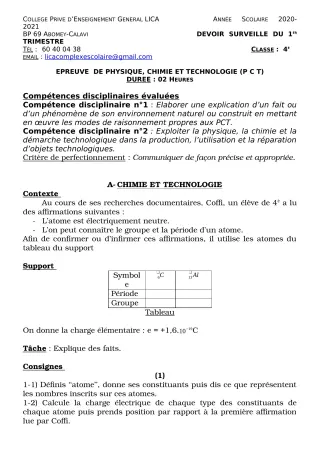 Première page de PCT 4e — Devoir surveillé, 1er trimestre (2020-2021) · CPEG LICA