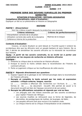 Première page de Histoire-Géographie 2nde D — 1er devoir surveillé, 1er semestre (2022-2023) · CEG SEKERE