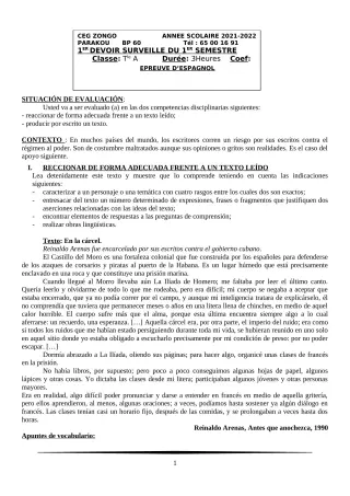 Première page de Espagnol Tle A1, Tle A2 — 1er devoir surveillé, 1er semestre (2021-2022) · CEG ZONGO