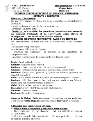 Première page de Espagnol 4e, 2nde A2, 2nde B — 1er devoir surveillé, 1er trimestre (2023-2024) · CPEG SAINT Justin