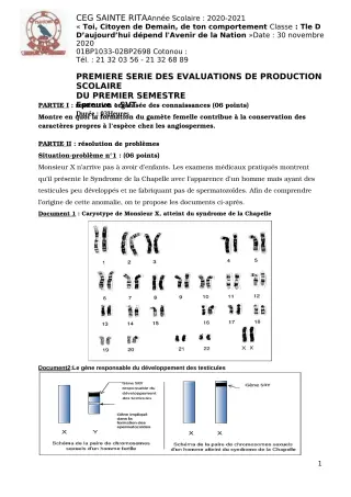 Première page de SVT Tle D — Production scolaire, 1er semestre (2020-2021) · CEG Sainte Rita