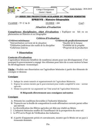 Première page de Histoire-Géographie 3e, 3e ML, 1ère C, 1ère D, Tle C, Tle D — 1re production scolaire, 1er semestre (2018-2019) · CEG1 Ikpinlè