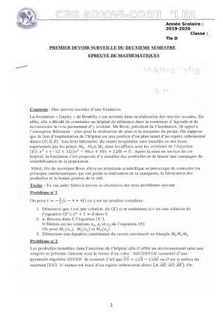 Première page de Mathématiques Tle D — 1er devoir surveillé, 2e semestre (2019-2020) · CEG ADJOVICODJI 'LES OLIVIERS'