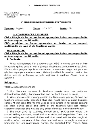 Première page de Anglais 1ère A1, 1ère A2, 1ère B, 1ère C, 1ère D — 1er devoir surveillé, 2e semestre (2021-2022) · CEG LE NOKOUE