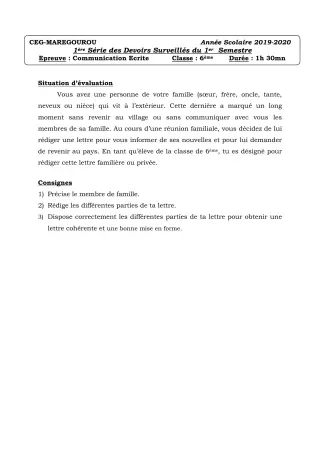 Première page de Français 6e — 1er devoir surveillé (2019-2020) · CEG MAREGOUROU
