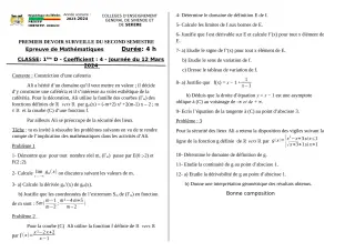 Première page de Mathématiques 1ère D — 1er devoir surveillé, 2e semestre (2023-2024) · CEG SEKERE