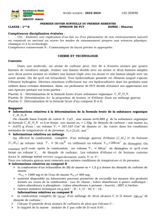 Première page de PCT 1ère D — Devoir surveillé, 1er semestre (2023-2024) · CEG SEKERE