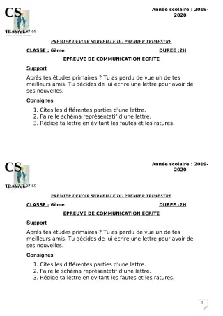 Première page de Français 6e — 1er devoir surveillé, 1er trimestre (2019-2020) · CPEG ROSAIRE