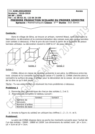 Première page de Mathématiques 6e — 1re production scolaire, 1er semestre (2018-2019) · CEG AGBLANGANDAN