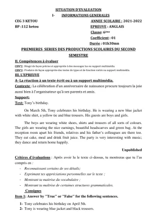 Première page de Anglais 6e, 5e, 4e, 3e, 2nde A2, 2nde D — Production scolaire, 2e semestre (2021-2022) · CEG 3 Kétou