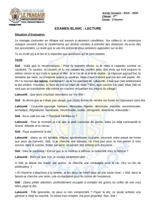 Première page de Examen Blanc de FRANCAIS LECTURE — 3e, 3e ML — CPEG LE PHARAON (2019)