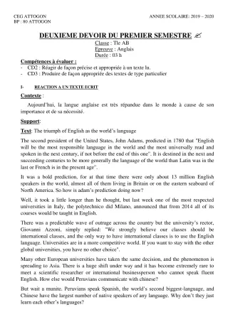 Première page de Anglais Tle A & B, Tle A1, Tle A2, Tle B — 2e devoir surveillé, 1er semestre (2019-2020) · CEG Attogon
