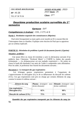 Première page de SVT 3e — 2e production scolaire, 1er semestre (2022-2023) · CEG Sèdjè-Houègoudo