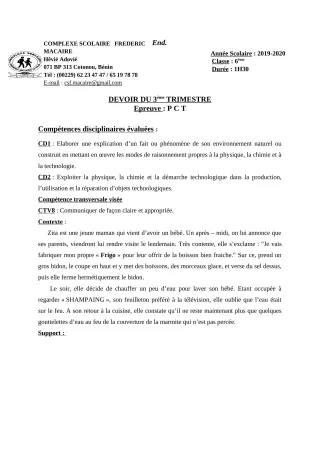 Première page de PCT 6e, 5e, 4e, 4e ML — Devoir surveillé, 3e trimestre (2019-2020) · CPEG Frédéric Macaire