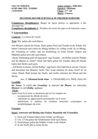 Première page de Allemand 2nde A1, 2nde A2, 2nde B — 2e devoir surveillé, 1er semestre (2020-2021) · CEG LE NOKOUE