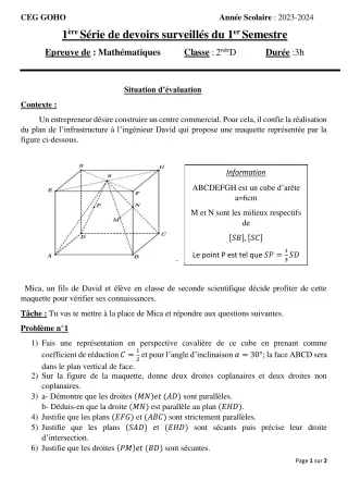 Première page de Mathématiques 2nde D — 1er devoir surveillé, 1er semestre (2023-2024) · CEG GOHO