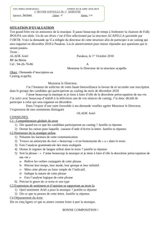 Première page de Français 4e, 4e ML — 1er devoir surveillé, 1er semestre (2018-2019) · CEG NIMA