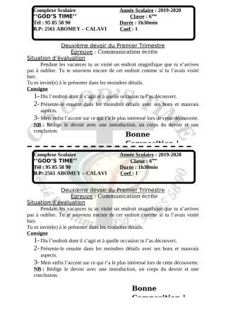 Première page de Histoire-Géographie 6e — Composition, 1er trimestre (2019-2020) · CPEG GOD'S TIME