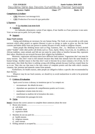Première page de Anglais 6e, 5e, 4e, 4e ML, 3e, 3e ML, 2nde D, 1ère A, 1ère D — 2e devoir surveillé, 1er semestre (2018-2019) · CEG Zoukou