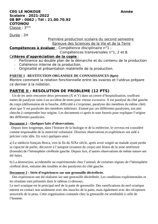 Première page de SVT 3e — 1re production scolaire, 2e semestre (2021-2022) · CEG LE NOKOUE