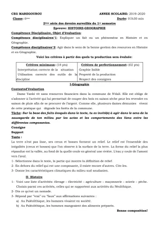 Première page de Histoire-Géographie 6e — 2e devoir surveillé, 1er semestre (2019-2020) · CEG MAREGOUROU