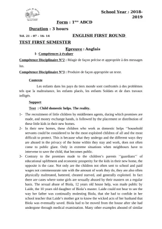 Première page de Devoir surveillé de ANGLAIS — 1ère A1, 1ère A2, 1ère B, 1ère C, 1ère D — CEG Sô-Ava (2018)