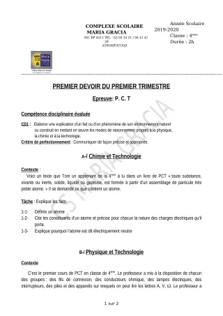 Première page de PCT 4e — 1er devoir surveillé, 1er trimestre (2019-2020) · CPEG MARIA GRACIA