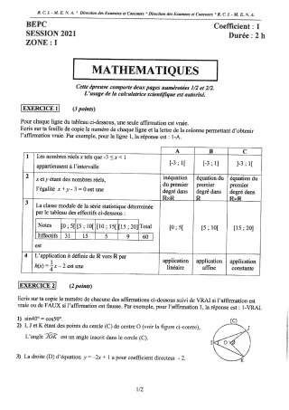 Première page de Épreuve BEPC 2021 mathématiques zone-1 Côte d’Ivoire