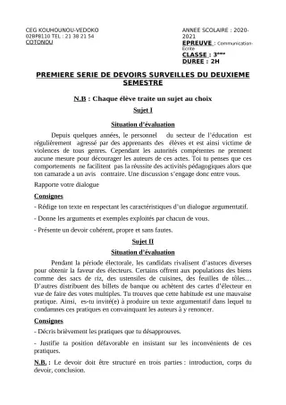 Première page de Français 3e, 3e ML — 1er devoir surveillé, 2e semestre (2020-2021) · CEG Kouhounou-Vêdoko