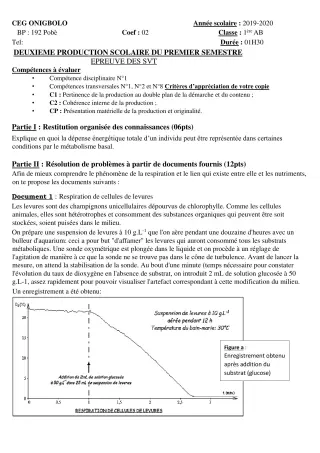 Première page de SVT 1ère A2 — 2e production scolaire, 1er semestre (2019-2020) · CEG ONIGBOLO
