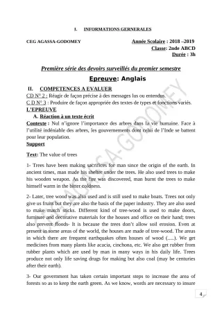 Première page de Anglais 2nde A & B, 2nde C, 2nde D — 1er devoir surveillé, 1er semestre (2018-2019) · CEG Agassa Godomey