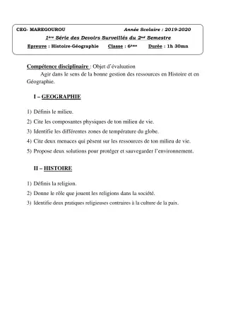 Première page de Histoire-Géographie 6e — 1er devoir surveillé, 2e semestre (2019-2020) · CEG MAREGOUROU